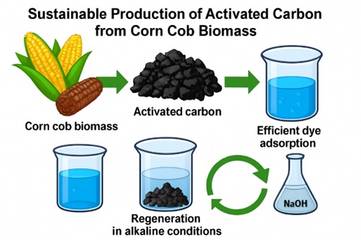 Sustainable Production of Activated Carbon from Corn Cob Biomass for Efficient Dye Adsorption and Regeneration in Alkaline Conditions 